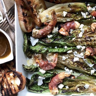 Grilled Romaine Salad with Prosciutto-Wrapped Shrimp Recipe | SideChef