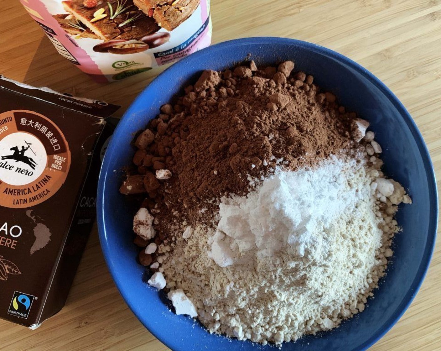 step 4 In a bowl add the Unsweetened Cocoa Powder (1/2 cup), Chestnut Flour (2 1/3 cups), Baking Powder (1 Tbsp) and Salt (1 pinch).