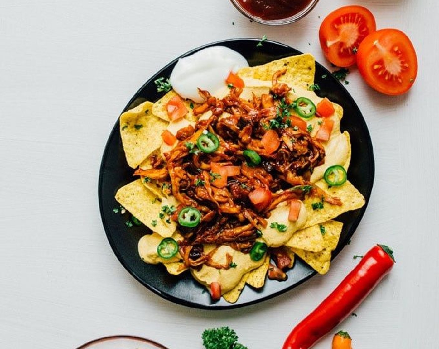 Vegan Nachos with BBQ “Pulled Pork” and Queso