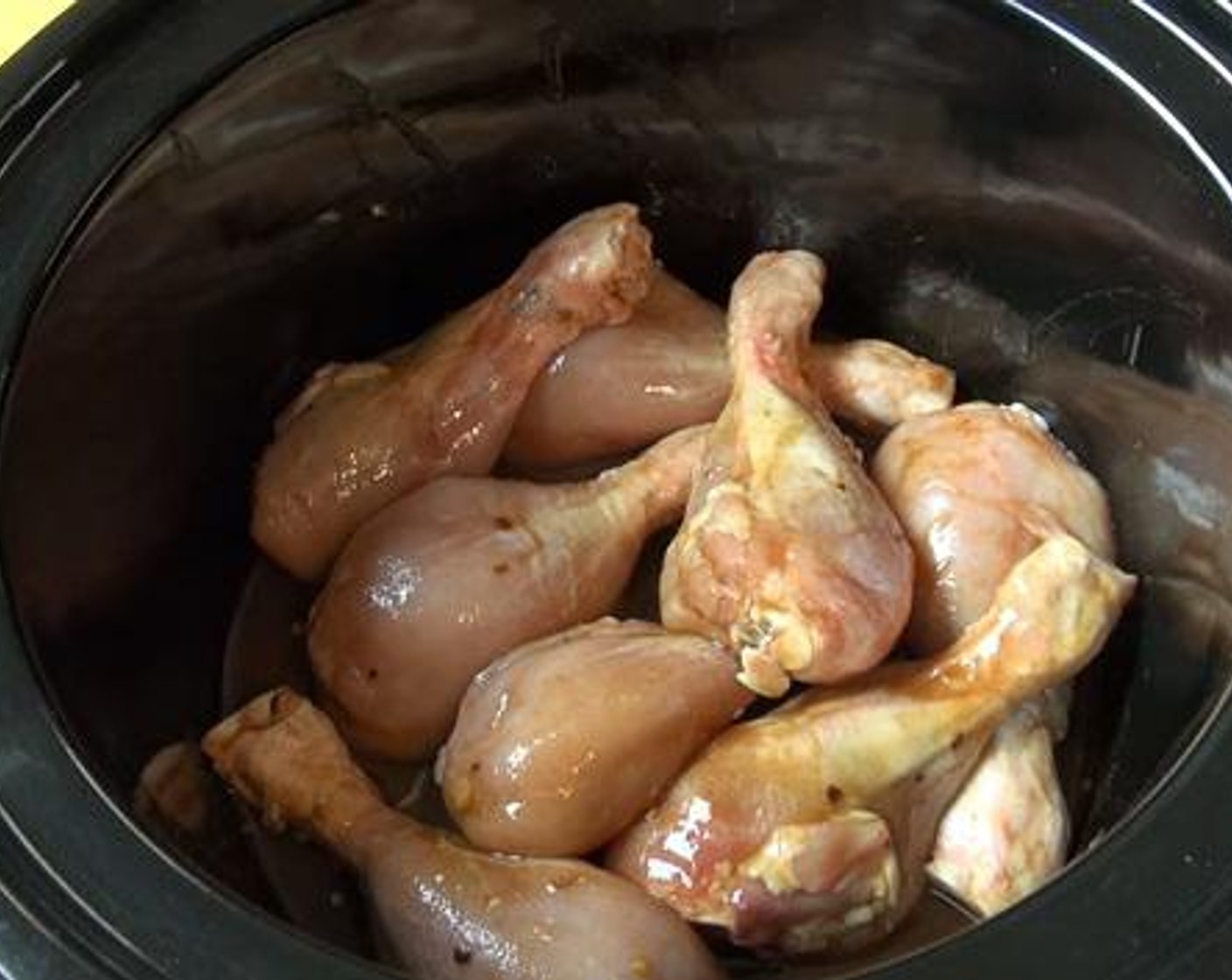 step 2 Take the skins off the Chicken Drumsticks (8). Then inside a slow cooker, pour the sauce over the drumsticks. Pop the lid on and cook the chicken or 4 hours.