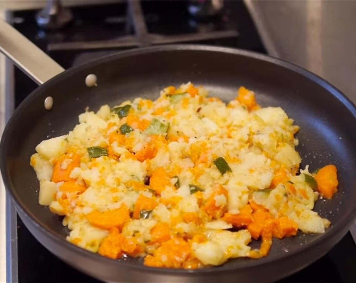 step 3 Pour mashed vegetables into the pan, and pat into a round. Sprinkle on char siu. Let fry, without touching, 3-4 minutes until a crispy, brown crust forms. Scoop sections, flip, and reform into a round. Cook until other side is golden.