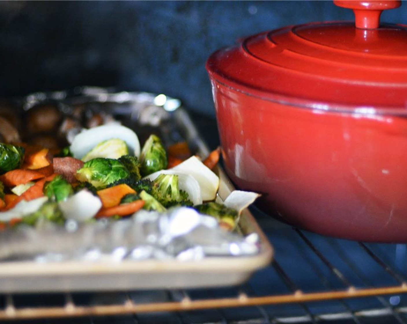 step 10 Cover with lid and place pot in oven during the last 20 minutes of roasting time for roasted vegetables. Check risotto after 20 minutes, most, if not all of the liquid should be evaporated and the rice just cooked.