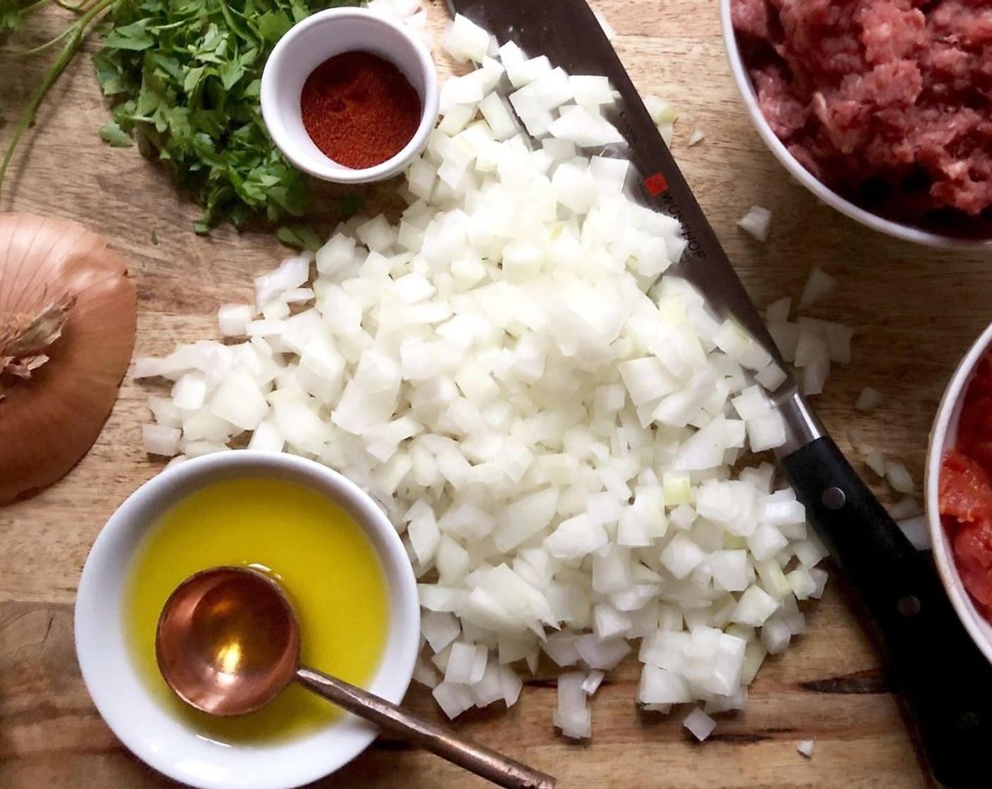 step 1 In a skillet heat Olive Oil (2 Tbsp) over medium heat. Once the oil begins to shimmer, add the Sweet Onion (1), and cook until caramelized, about 15 minutes.