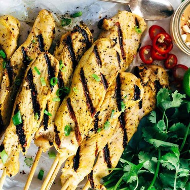 Coconut Curry Chicken Satay with Peanut Sauce Recipe | SideChef