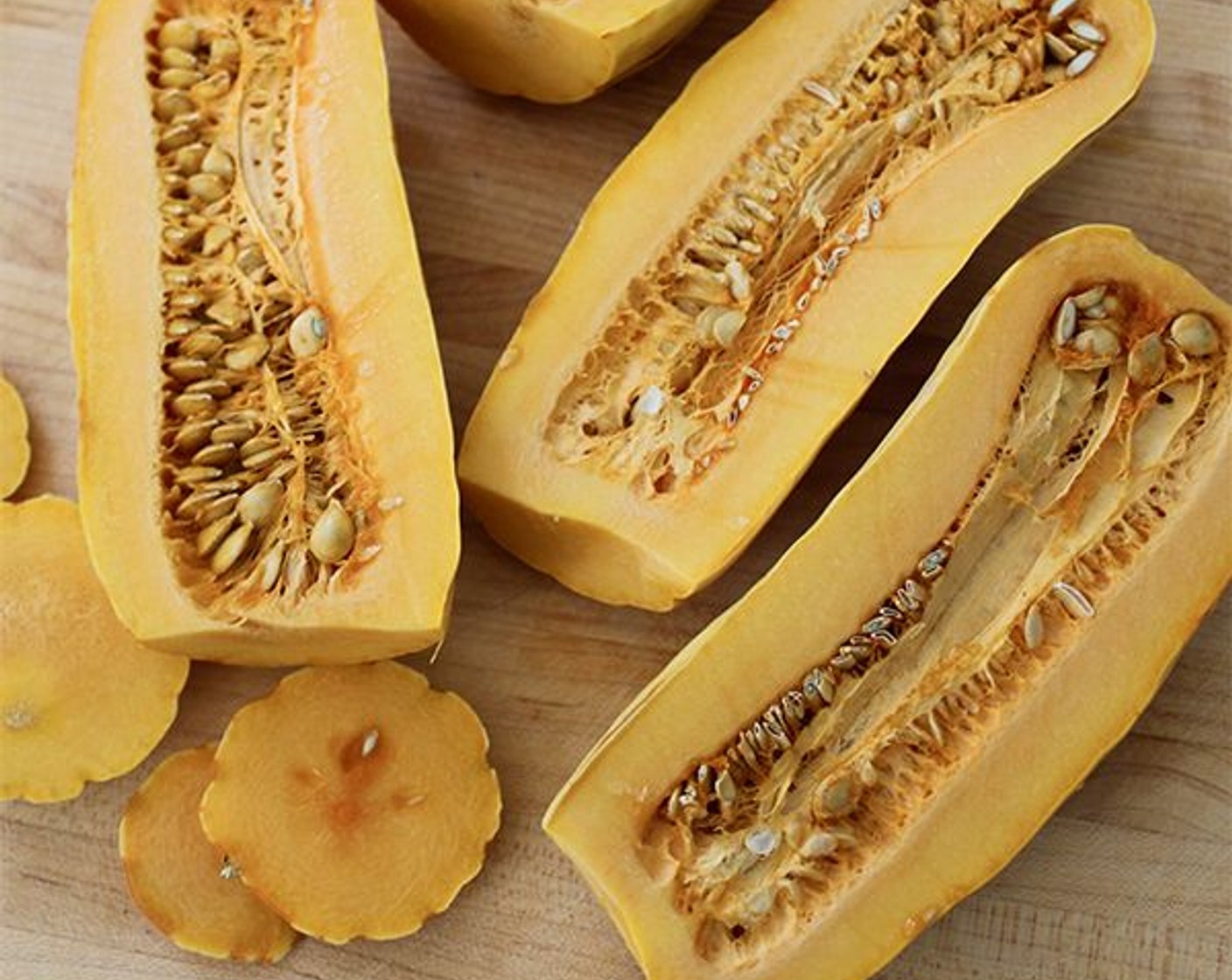 step 2 Trim both ends of the Delicata Squash (6 1/2 cups) and cut the squash in half lengthwise. Scoop out the seeds and discard. Slice the squash crosswise into ½-inch-thick pieces.