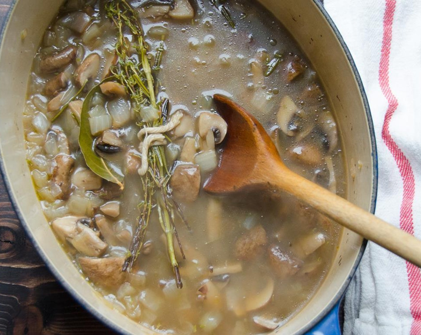 step 5 Stir to combine and simmer, covered for 15 minutes, until the herbs have wilted, but haven't fallen off the stem.  Remove the herbs and bay leaf and simmer uncovered for 5 more minutes. Remove from heat.