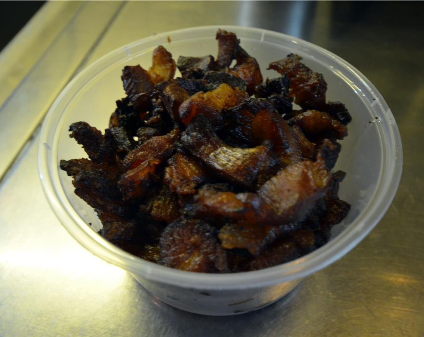 step 4 When the lardons are nice and crispy, take them out of the pan. Do not wash the pan or get rid of the fat, it will be used for caramelizing the onions.