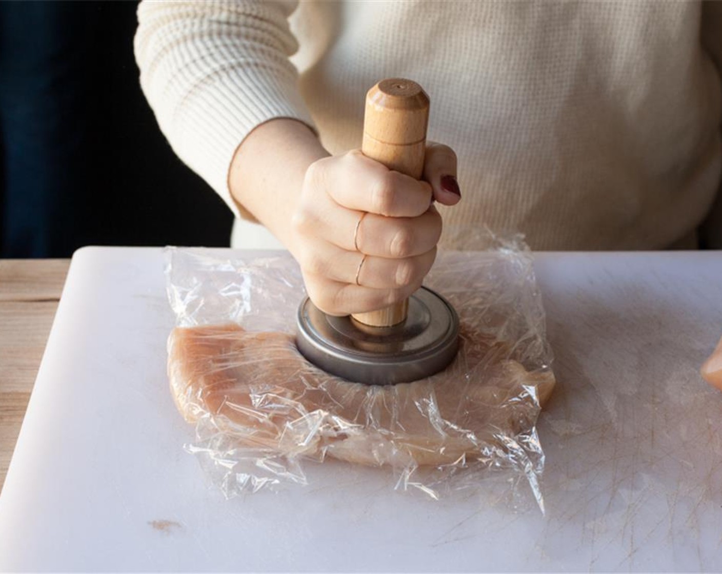 step 5 Place chicken between 2 pieces of plastic wrap and pound to 1/4-inch thickness. Season on both sides with salt and pepper. Heat remaining Olive Oil (1 Tbsp) in a large pan over medium-high heat. Cook chicken until golden on the outside and cooked through.