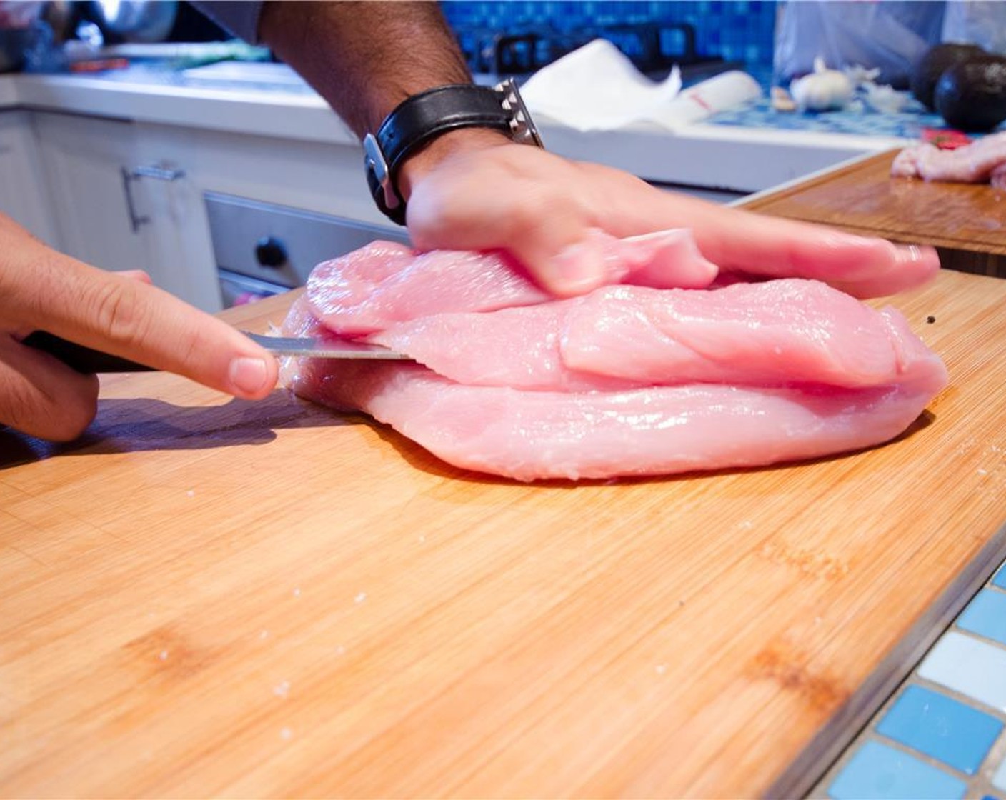 step 3 Pat Skin-On Turkey Breasts (2) dry. Carefully remove the skin from the breast, and lay it flat. Starting with the thicker end of one of the breasts, carefully use a knife to cut through it horizontally, stopping with about 1/2-inch left.