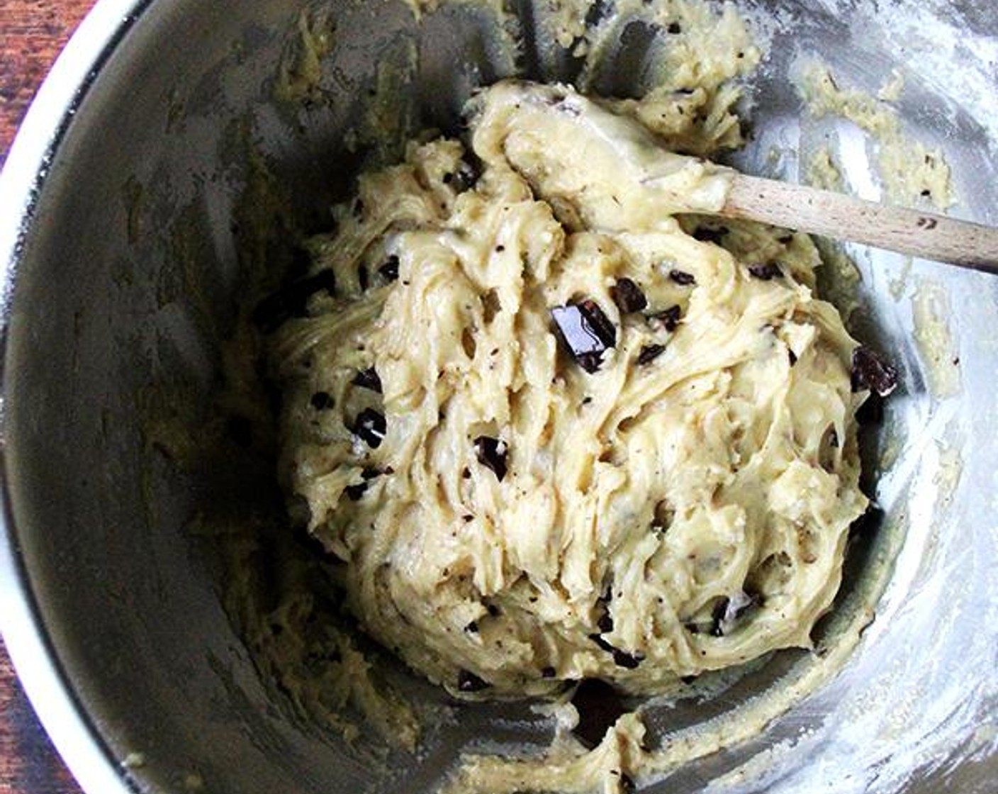 step 5 Use a wooden spoon to gradually mix in the flour mixture, marzipan, and Cacao Nibs (1/2 cup). This dough can be made the night before and stored in the refrigerator until ready to use.