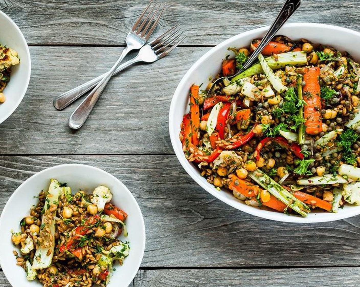 step 6 In a large bowl, combine farro, roasted vegetables/chickpeas, Capers (1/4 cup) and parsley pesto. Enjoy!