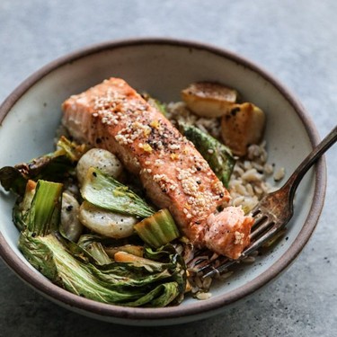 Sesame Sheet Pan Salmon with Roasted Bok Choy and Baby Turnips Recipe | SideChef