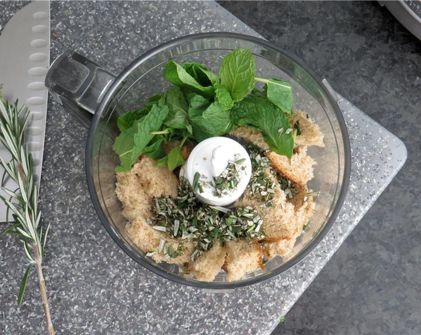 step 1 Preheat oven to 400 degrees F (200 degrees C). Tear the Bread (1 slice) into pieces, and finely chop the Fresh Rosemary (1 Tbsp). In a mini-prep food processor, add bread, Fresh Mint Leaves (1/4 cup) and fresh rosemary. Pulse until fine crumbs are formed.