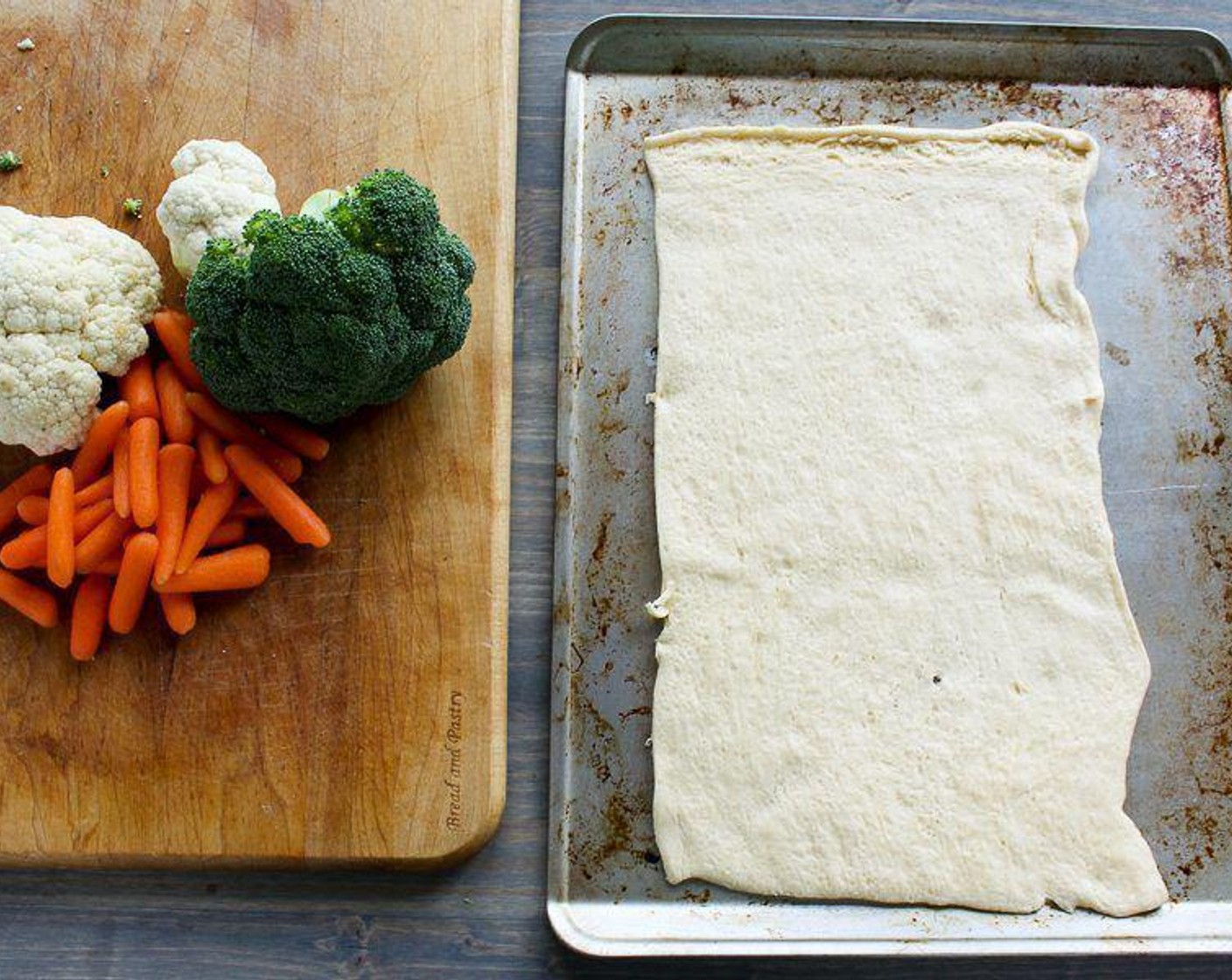 step 2 Roll Crescent Roll Dough (1 pckg) out onto a baking sheet.