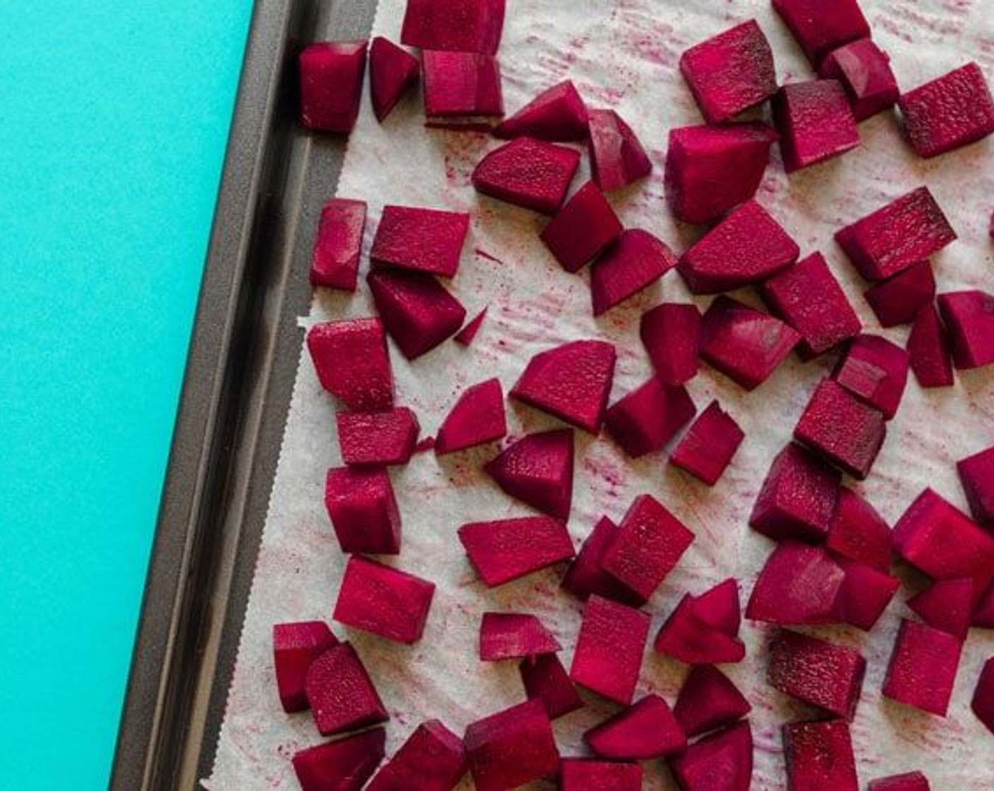 step 2 Peel and dice Beets (3), then spread onto a parchment-lined rimmed baking sheet. Drizzle with Olive Oil (1 Tbsp), tossing to evenly coat, then roasted for 30 minutes, or until fork-tender.