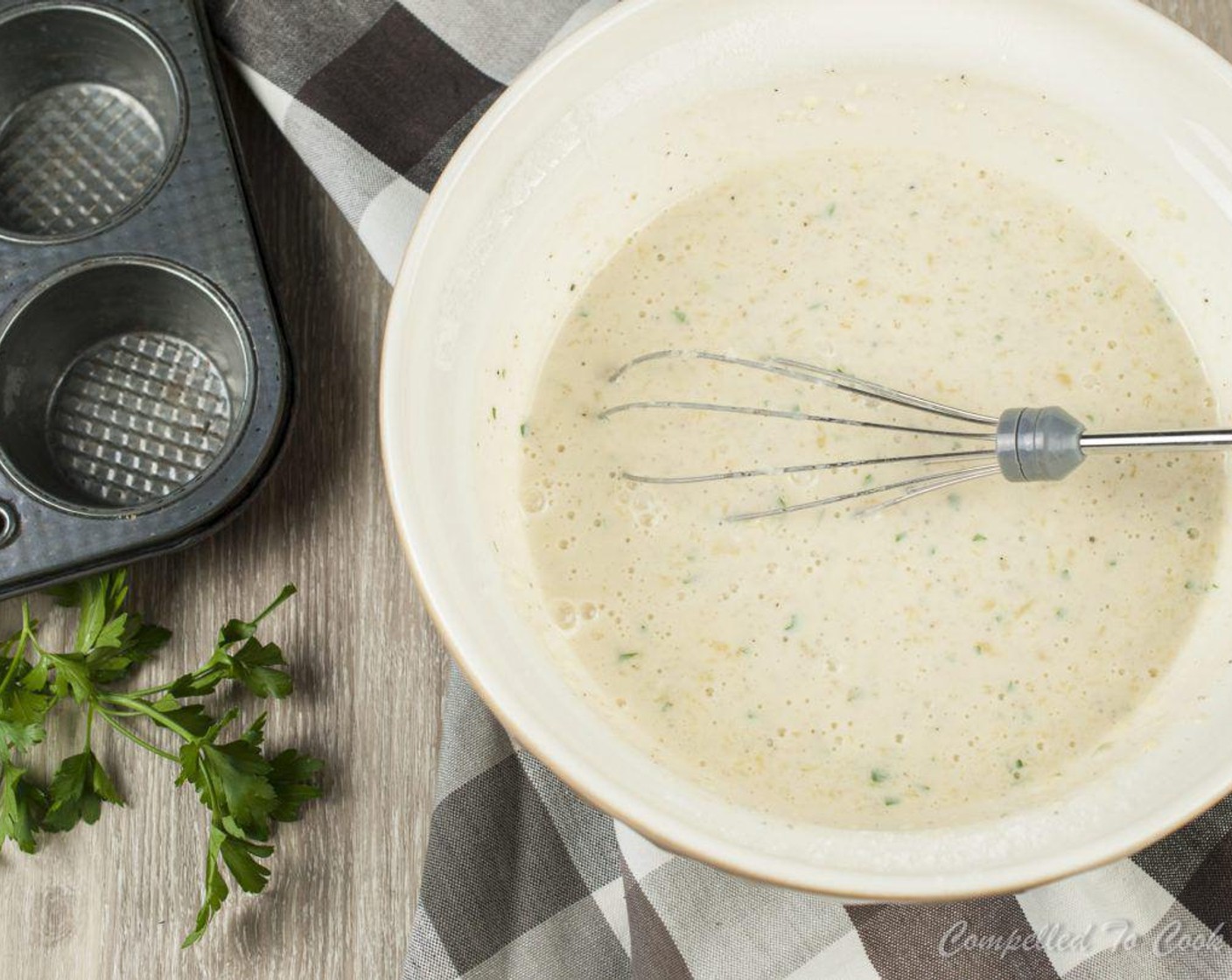 step 4 Add 2% Reduced Fat Milk (1 cup) and whisk until combined. Add Unsalted Butter (4 Tbsp), Italian Flat-Leaf Parsley (1 Tbsp), Freshly Ground Black Pepper (1 tsp), Salt (1/2 tsp), Ground Nutmeg (1/2 tsp), All-Purpose Flour (2/3 cup) and whisk until smooth, approximately 30 seconds.