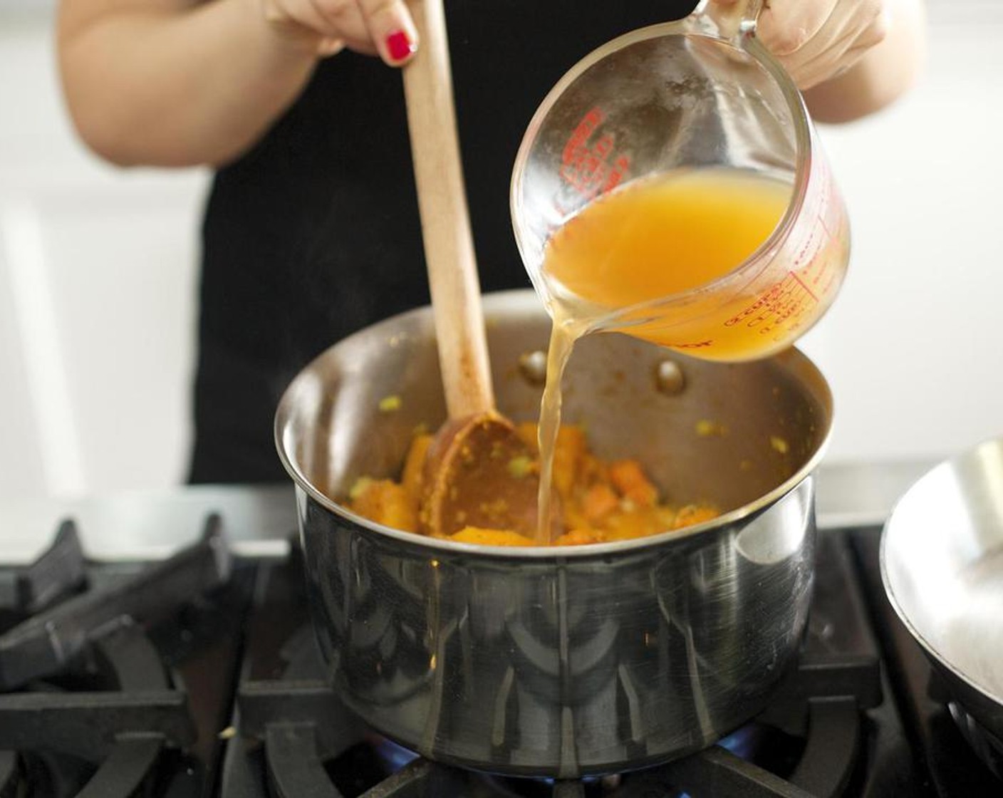 step 4 Add Vegetable Broth (4 cups) and bring to a boil over medium high heat. Reduce the heat to medium low and simmer for 20 minutes or until the sweet potato is tender, stirring occasionally.