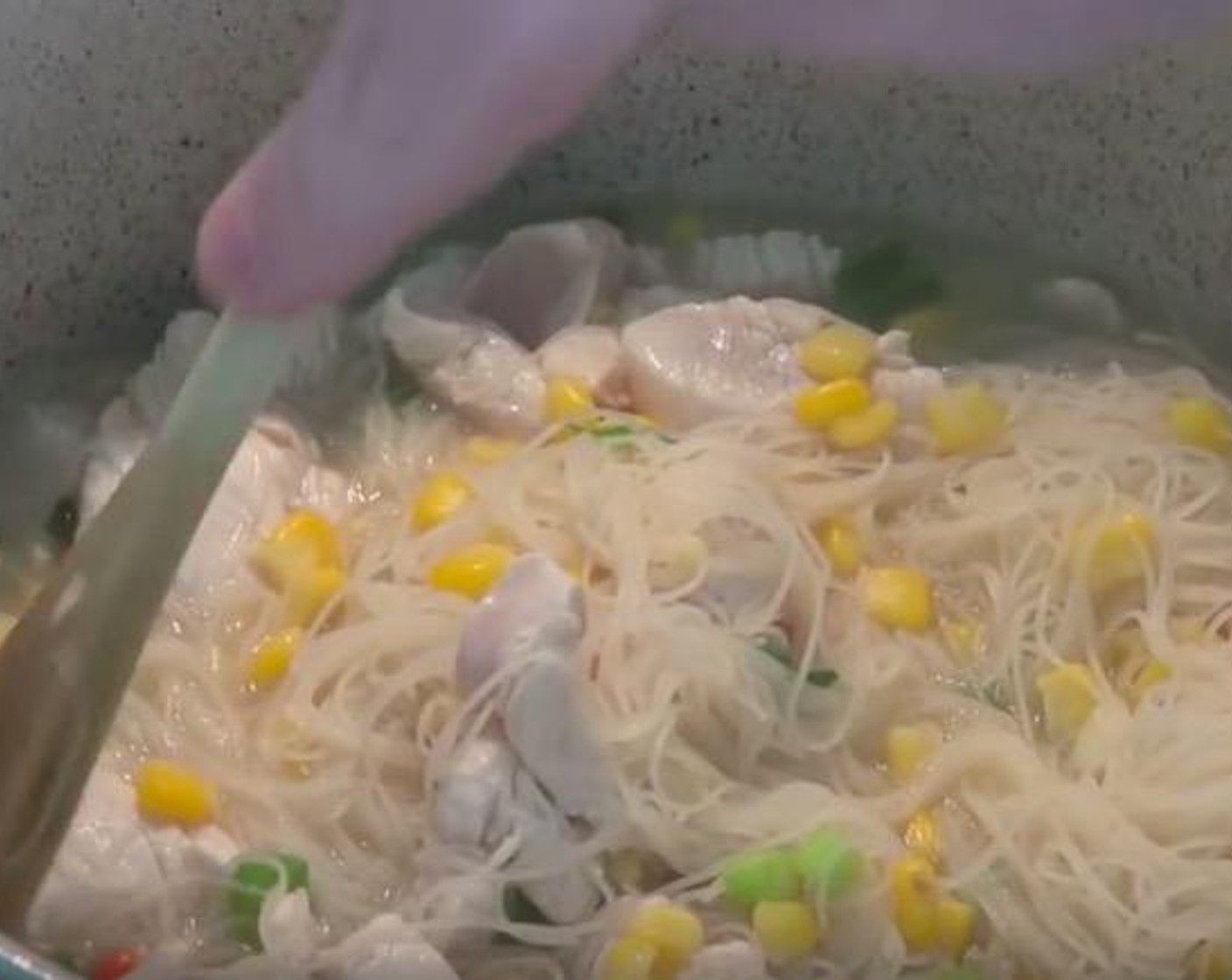 step 2 When chicken is cooked, add in Spinach Leaves (2 2/3 cups) until it's slightly wilted. Put the noodle in a bowl. Serve and enjoy!