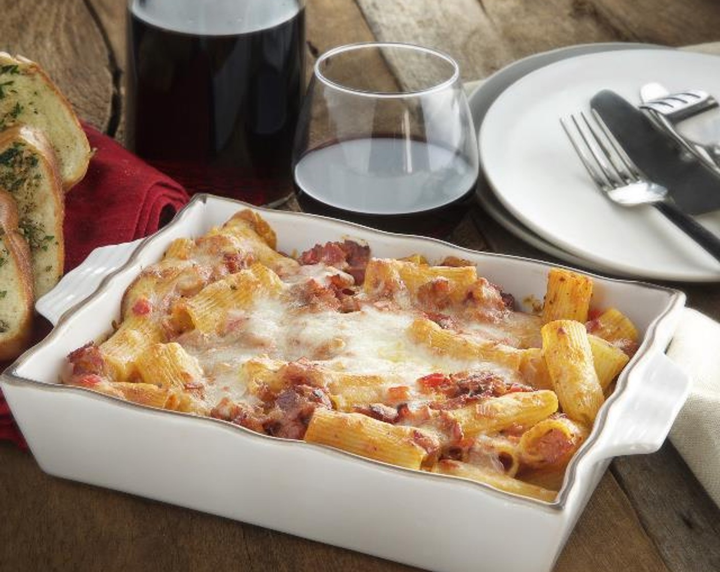 Pasta with Ham and Pork Chorizo with Garlic Bread