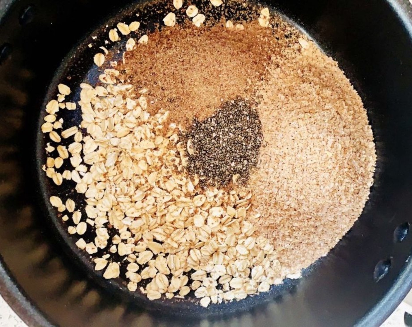 step 1 In a saucepan, place the Old Fashioned Rolled Oats (1/2 cup), Wheat Bran (3/4 cup), Ground Flaxseed (2 Tbsp), and Chia Seeds (1 tsp).