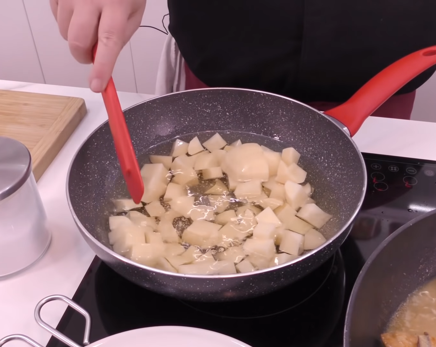 step 6 While the chicken is cooking, peel, clean, and cut the Potatoes (to taste) into small cubes. Fry them in Olive Oil (as needed) and season with Salt (to taste).