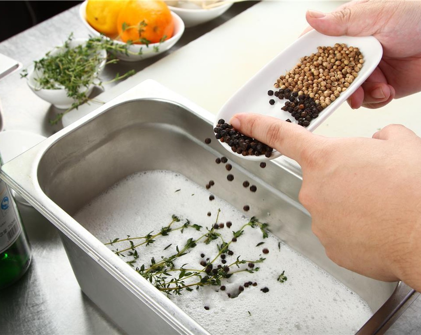 step 2 Place blender contents in a large non-reactive container, add remainder of water, Fresh Thyme (1/2 Tbsp), Bay Leaves (2), and Black Peppercorns (1/2 Tbsp).