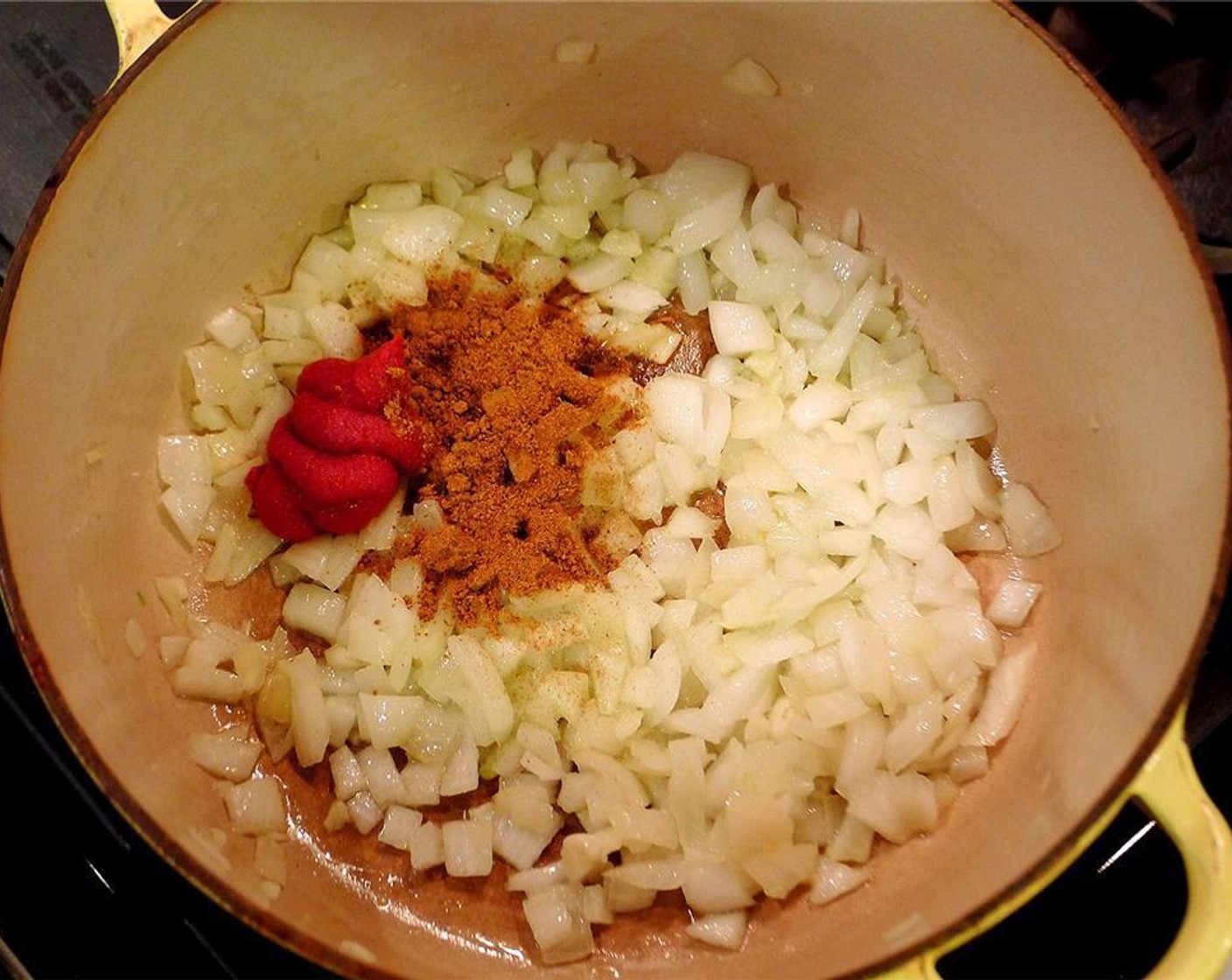 step 2 Add the Ground Cumin (1 tsp) and Tomato Purée (1 Tbsp) and cook for another 2 minutes.