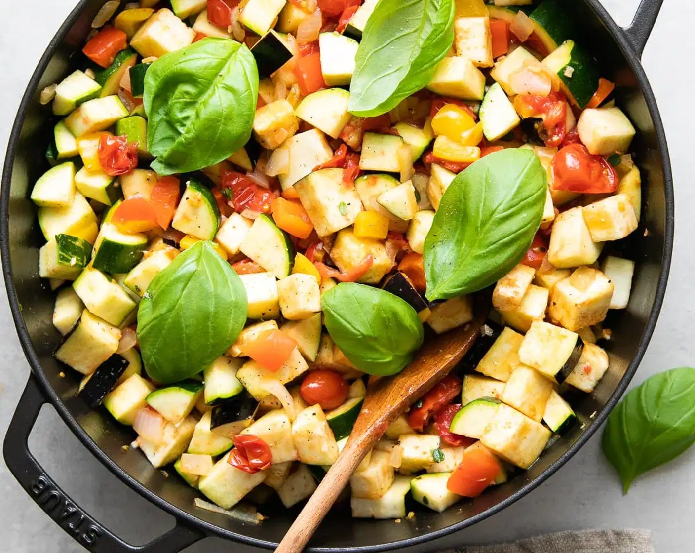 step 10 Add in Chickpeas (2 cans) and simmer anywhere from 45 minutes to 1 hour, depending on your personal preference (less time for crispier vegetables, more time for softer vegetables and more juices). Stir occasionally until ready. Add in Crushed Red Pepper Flakes (to taste). Add in Fresh Basil (3).