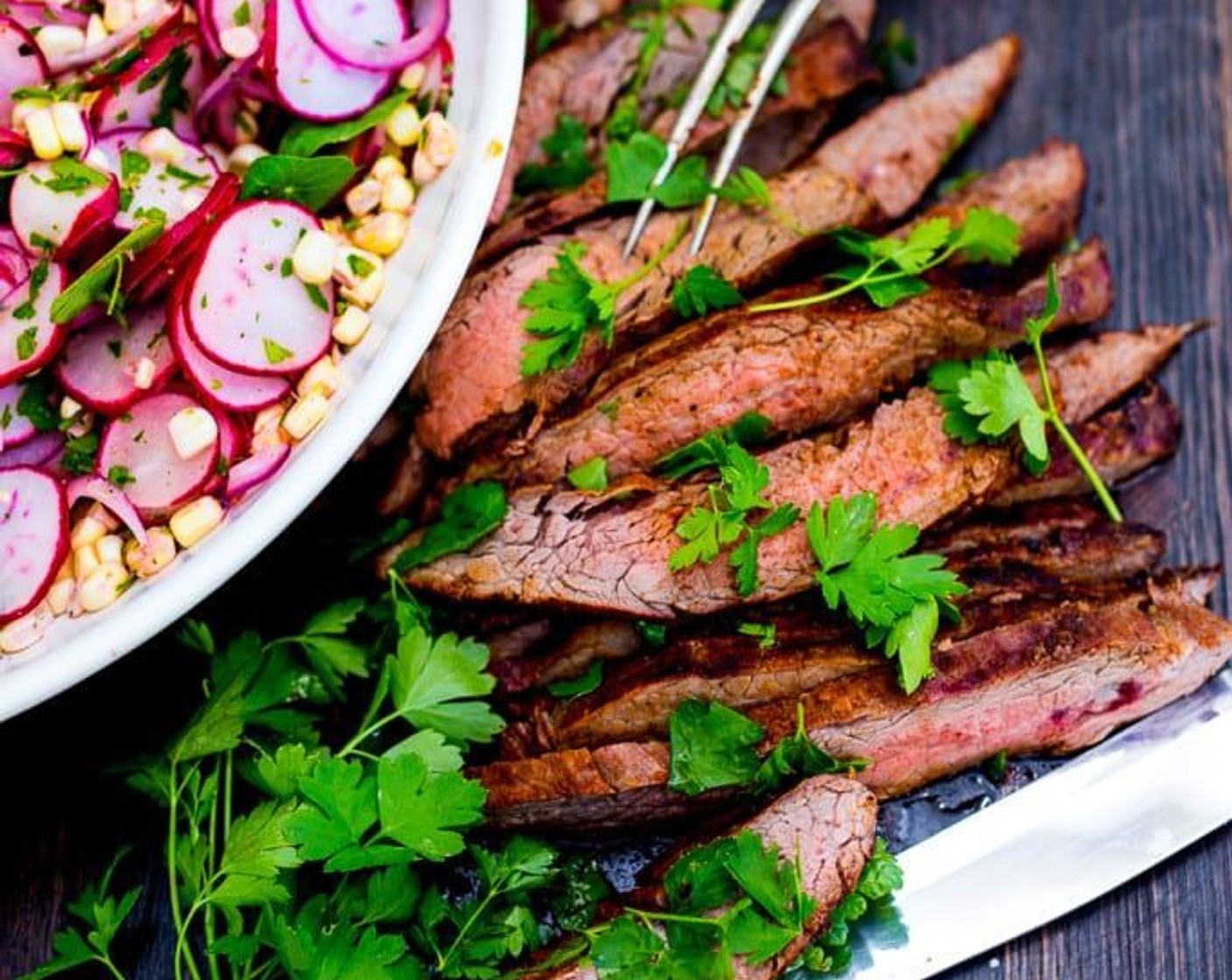 Grilled Flank Steak with Sweet Corn & Radish Salad