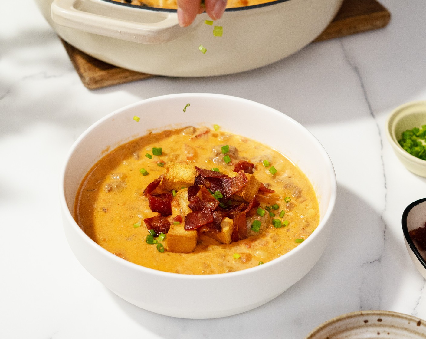 step 7 Serve with Bacon Bits (1/4 cup), Scallion (1 stalk), and Croutons (1/4 cup) on top.