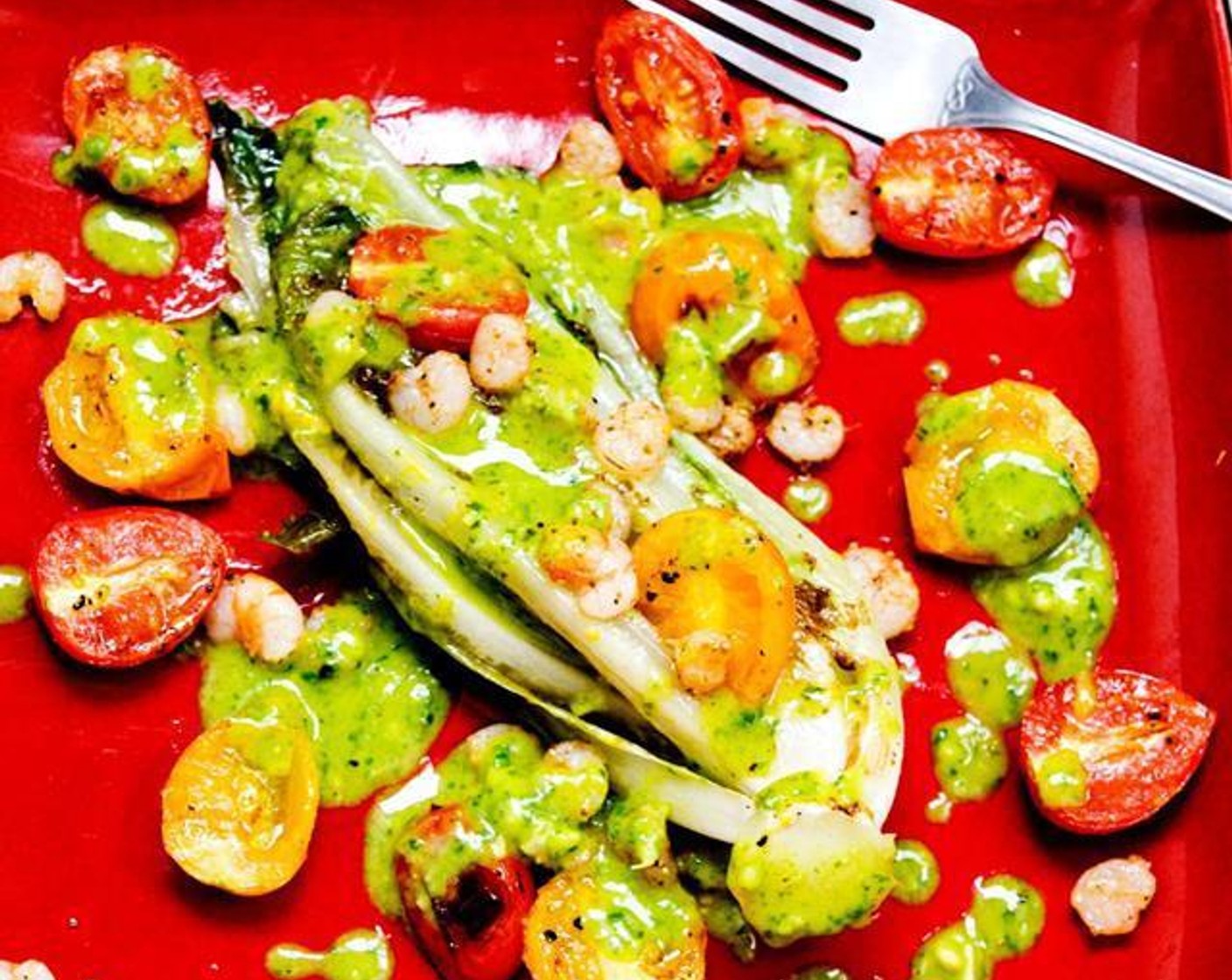 Grilled Romaine Hearts with Tomatoes and Shrimp