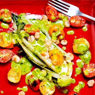 Grilled Romaine Hearts with Tomatoes and Shrimp Recipe | SideChef