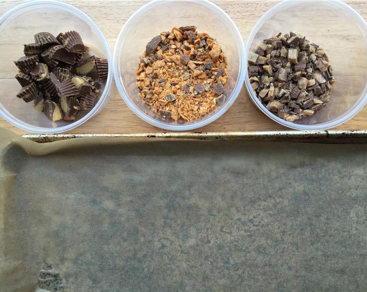 step 5 Place the candies into separate bowls, and line a sheet pan with parchment paper.