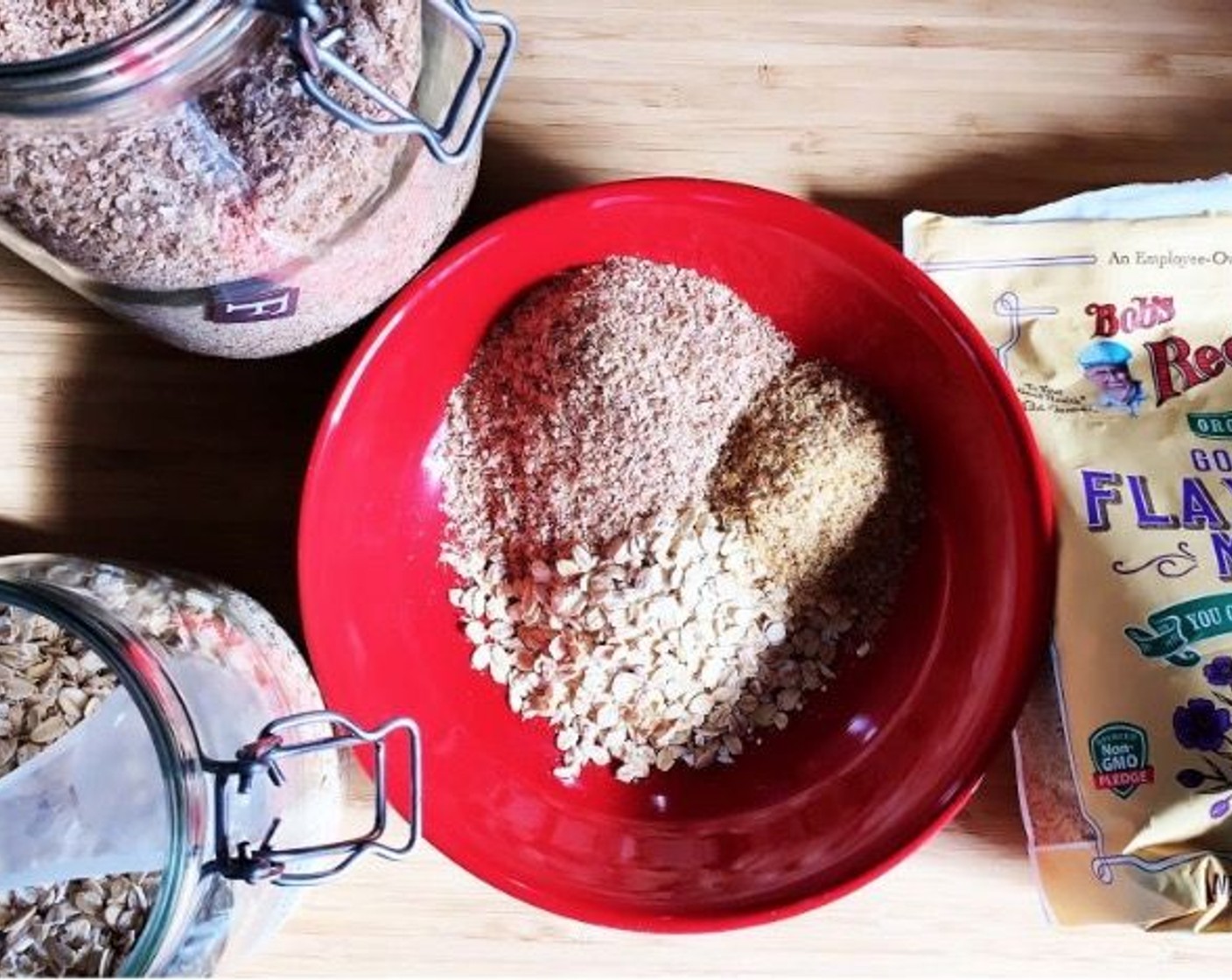 step 1 Into a large bowl, add Old Fashioned Rolled Oats (1/3 cup), Wheat Bran (2 Tbsp), and Ground Flaxseed (1 tsp).