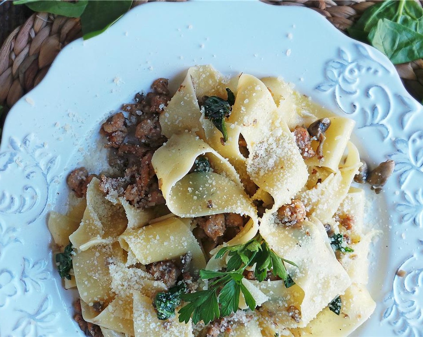 step 6 Toss the noodles and sausage mix together in a bowl. Present on a plate with a dollop of Part-Skim Ricotta Cheese (to taste), Parmesan Cheese (to taste) and Italian Flat-Leaf Parsley (to taste). Enjoy!