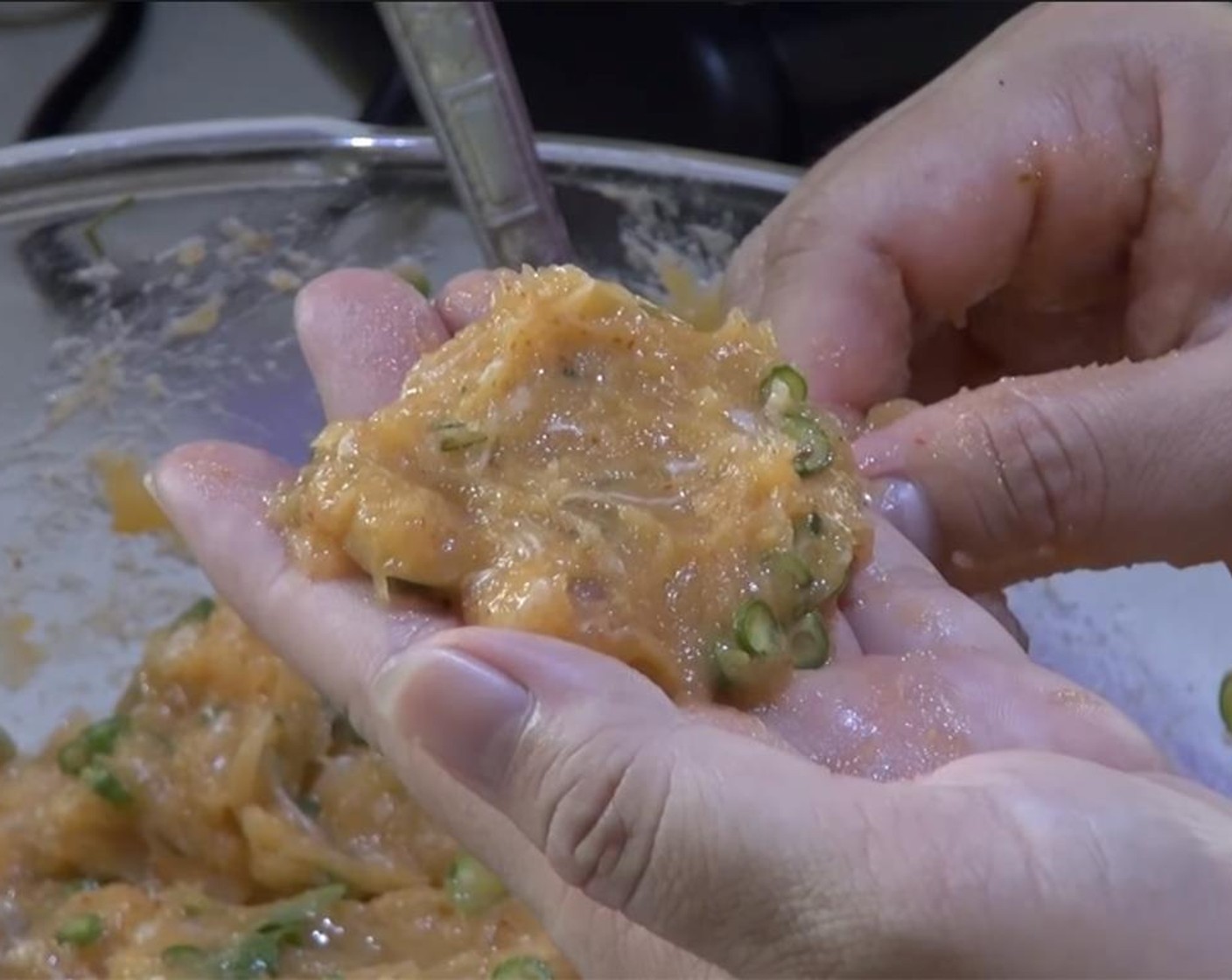 step 3 Roll the fish into a ball the size of a golf ball and flatten. Do not overcrowd your pan. These need room to puff up. So work in batches.