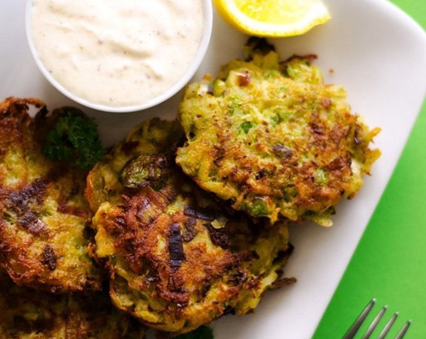 Brussels Sprouts Latkes with Dijon Yogurt Sauce