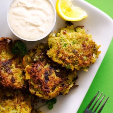 Brussels Sprouts Latkes with Dijon Yogurt Sauce Recipe | SideChef