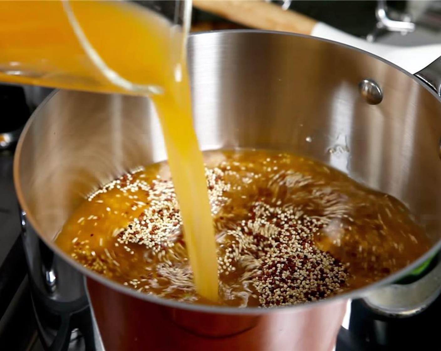 step 2 Heat the Quinoa (3/4 cup) and Swanson® Mexican Tortilla Flavor Infused Broth (1 3/4 cups) in a 2-quart saucepan over medium-high heat to a boil. Reduce the heat to low. Cover and cook for 15 minutes or until quinoa is tender.
