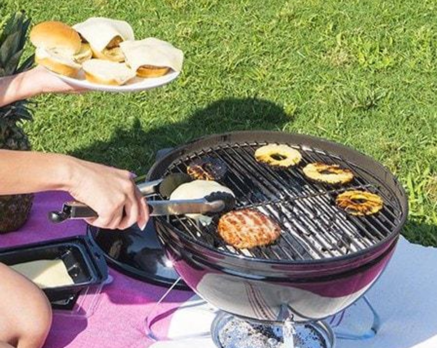 step 3 Grill Canned Pineapple Slices in Juice (8 slices) and Red Onion (1) rings until lightly charred, about 2 minutes per side.