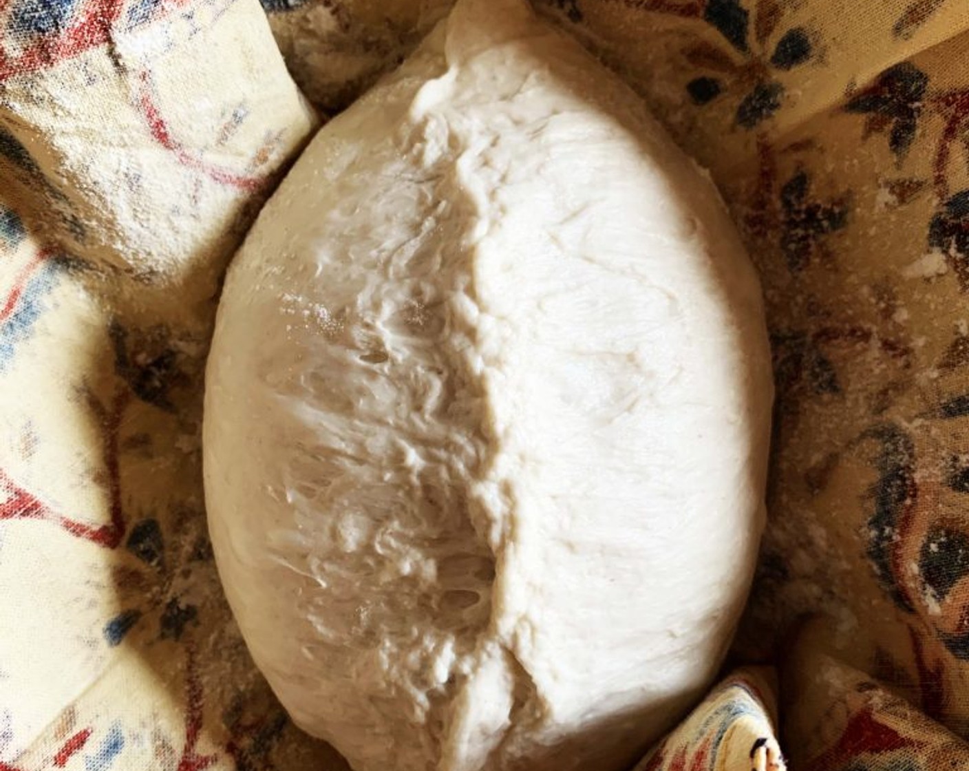 step 7 Last proceed with giving the dough a round shape, sealing it well. Place it sealed up into a basket lined with a floured towel. Cover with plastic wrap and let double in size at room temperature. Then move it in your fridge overnight.