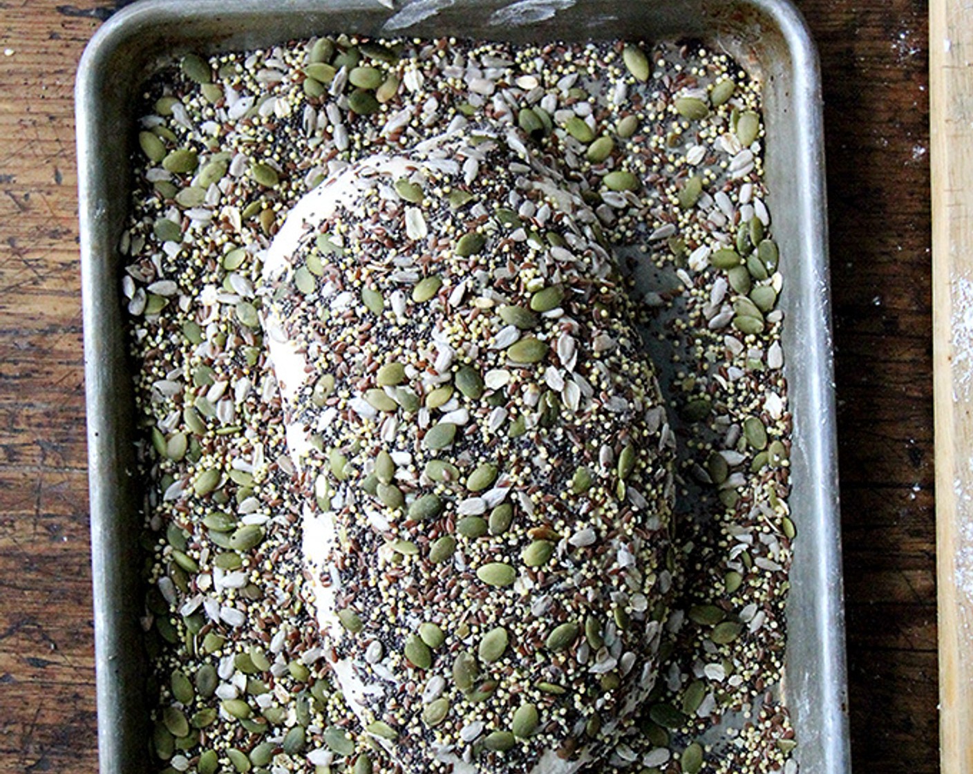 step 9 Brush the surface of the dough with water - you can do this on all sides or just the top —whatever you wish. Roll in the seeds. Transfer to prepared pan. Let rise until the dough crowns the rim of the pan—be patient.