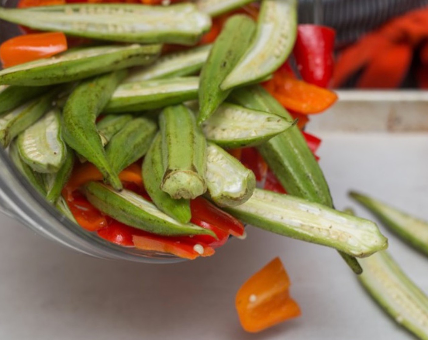 step 7 Spread vegetables in a single layer on the baking sheet. Return the baking sheet to the oven on the middle rack. Cook 4 minutes; remove pan and stir the veggies.