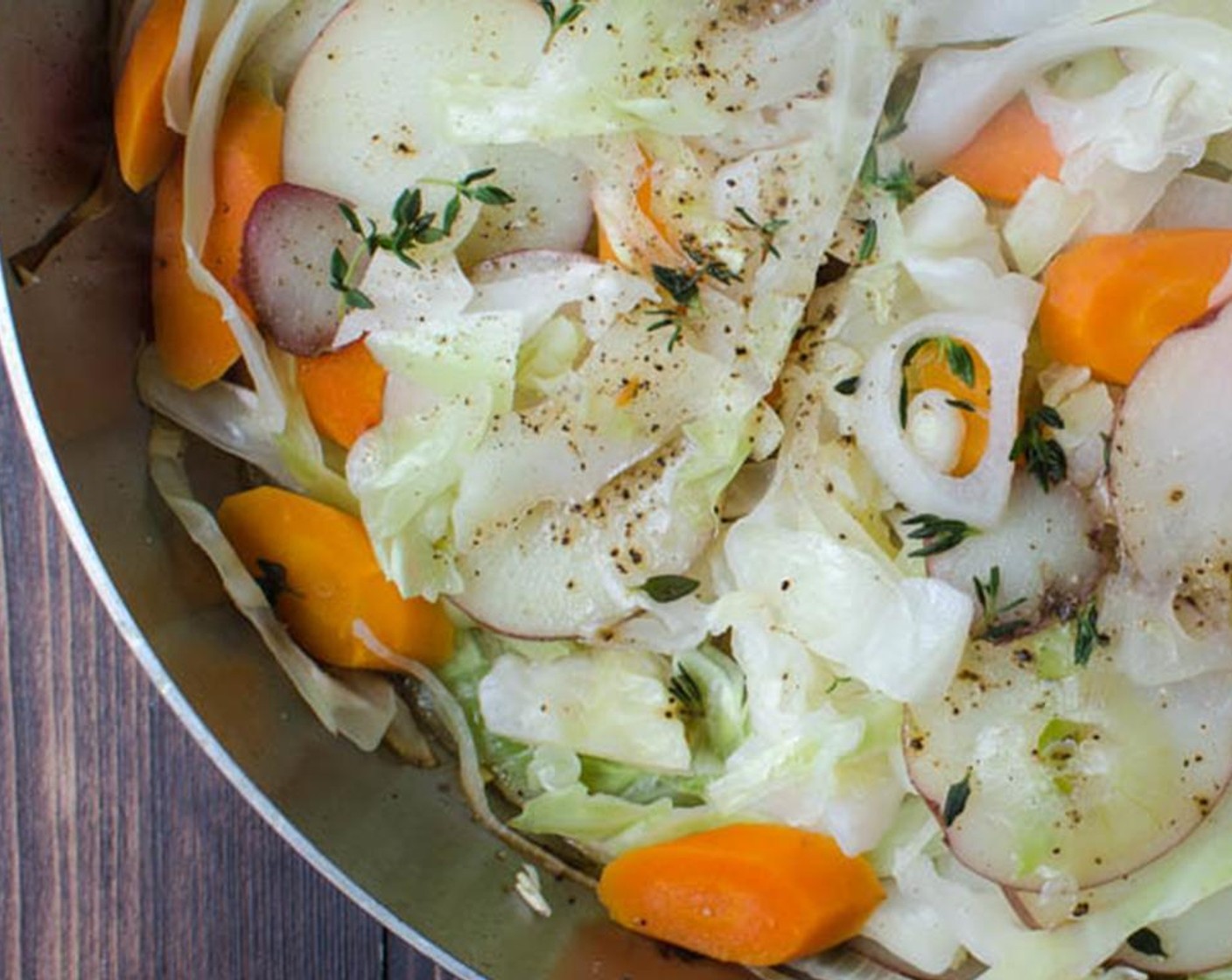 step 3 Pour Low-Sodium Chicken Broth (3/4 cup) over the vegetables, sprinkle with Kosher Salt (1/2 tsp) and Freshly Ground Black Pepper (1/4 tsp) and cover tightly. Simmer for 10 minutes.