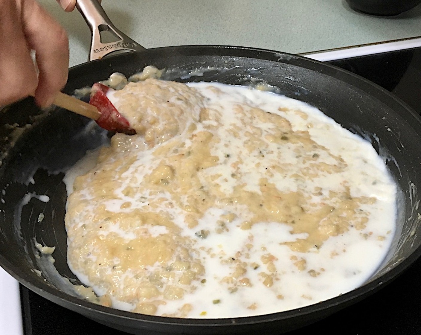 step 13 Gradually stir in the Milk (3/4 cup) and cook, while constantly stirring, until the mixture becomes very thick. This could take an additional 8–10 minutes.