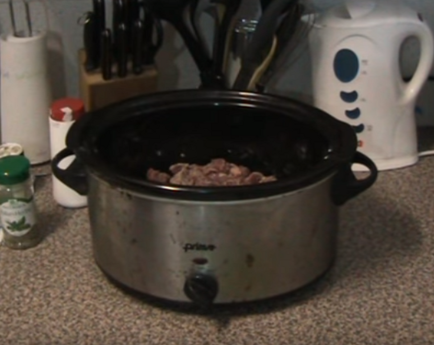 step 1 Sprinkle the bottom of your slow cooker with All-Purpose Flour (1/2 cup) and season with Salt (to taste) and Ground Black Pepper (to taste). Next add the Beef (2.2 lb) and toss to coat in flour. Add Bourbon (4 Tbsp) and stir slightly.