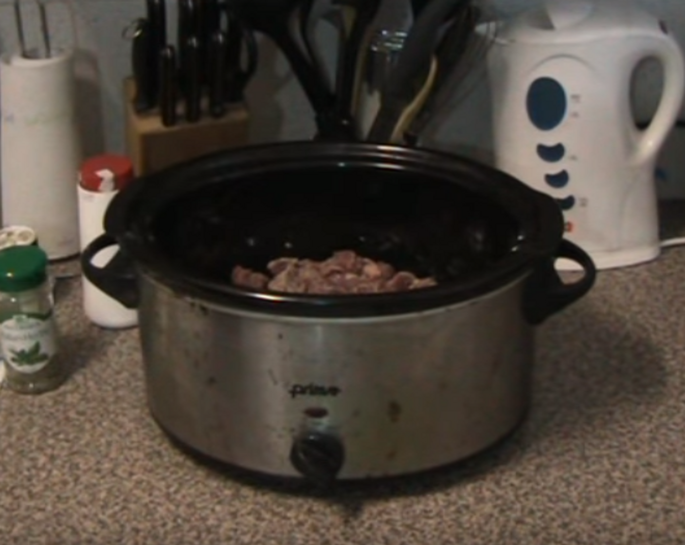 step 1 Sprinkle the bottom of your slow cooker with All-Purpose Flour (1/2 cup) and season with Salt (to taste) and Ground Black Pepper (to taste). Next add the Beef (2.2 lb) and toss to coat in flour. Add Bourbon (1/4 cup) and stir slightly.