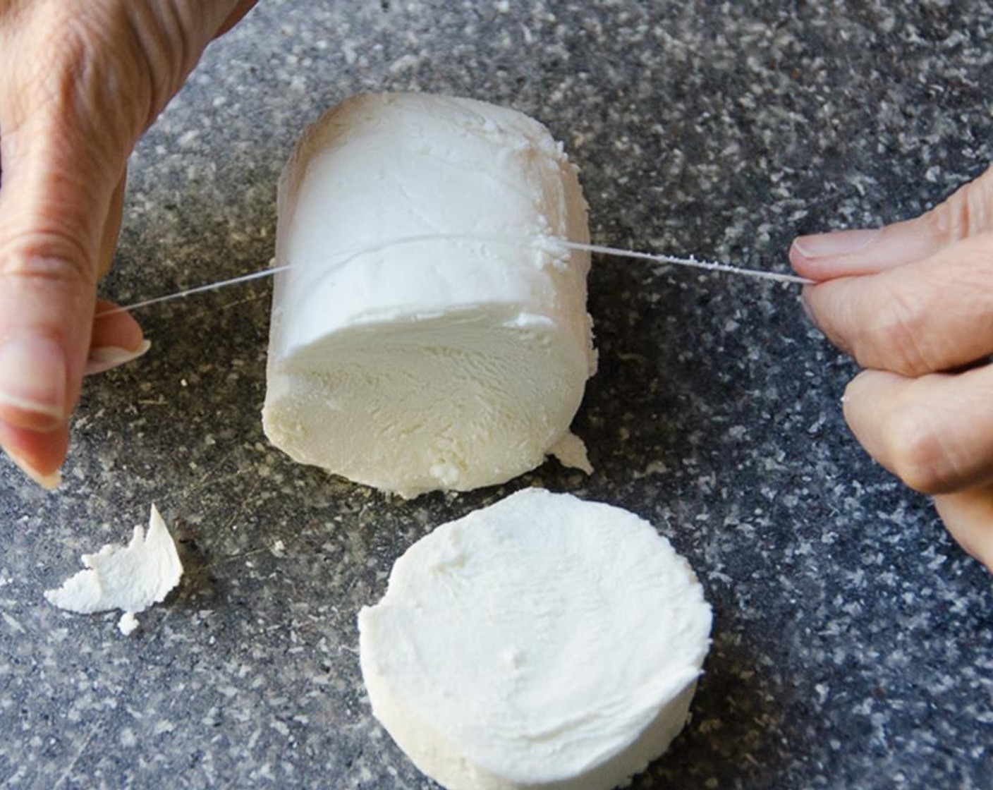 step 6 Slice the Goat Cheese (1/2 cup) with unwaxed, unflavored dental floss. Lay the floss flat on a cutting board. Place the goat cheese on top of the floss and cross the ends of the floss. Continue to pull the ends until it cuts off an even slice. Repeat with the remaining cheese.