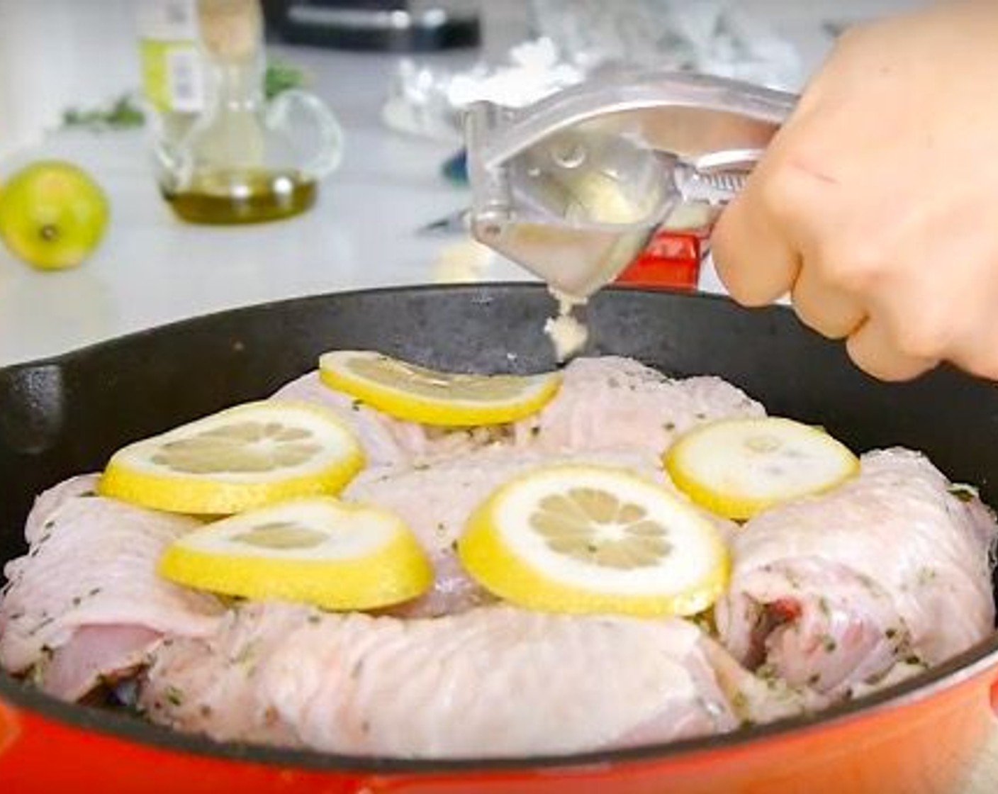 step 7 At this point add the Garlic (3 cloves) which you can crush, add whole, or cut in halves, it really doesn’t matter. To finish add a drizzle of Olive Oil (as needed).