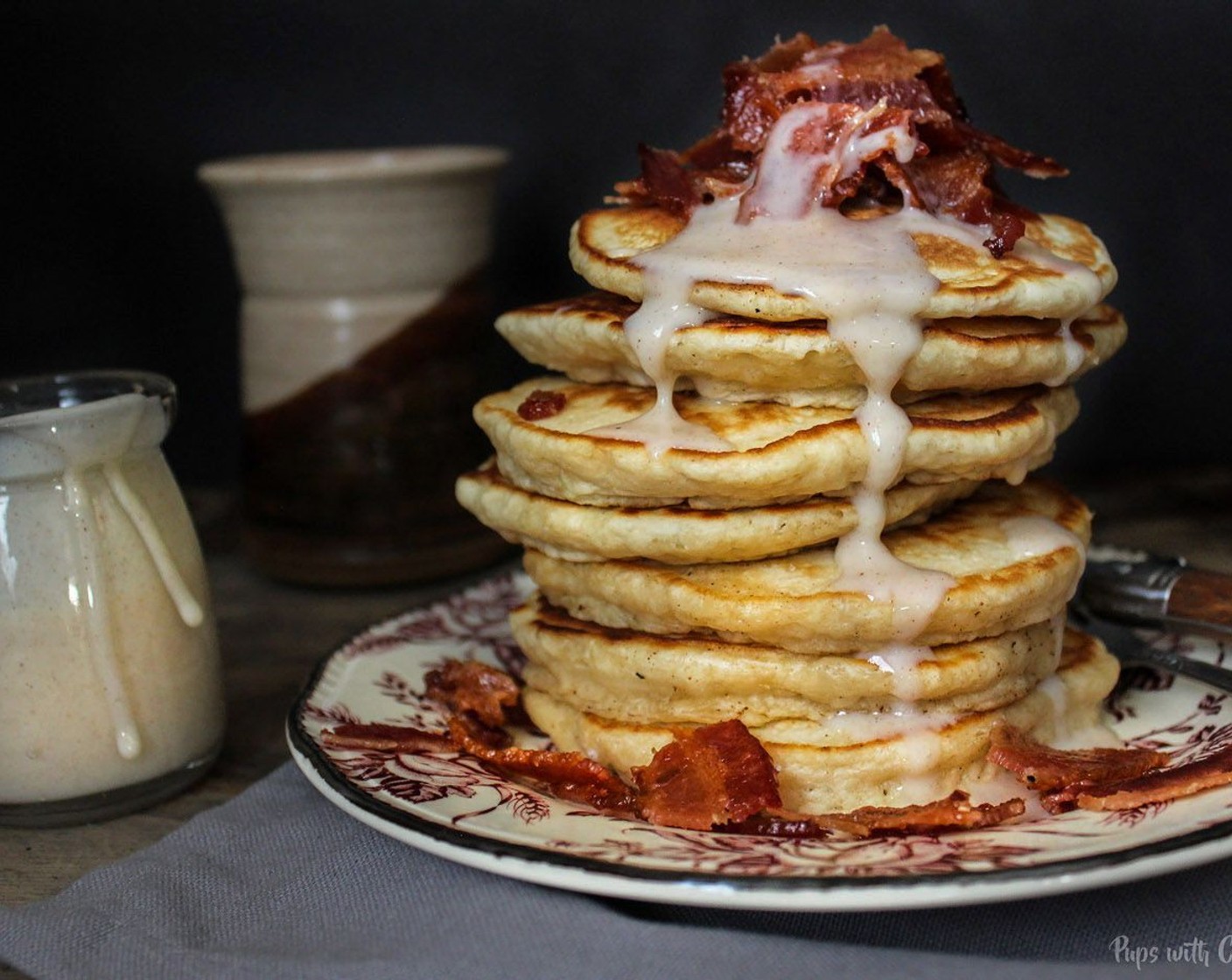 step 17 Once all the pancakes are cooked, assemble a mountain for yourself, topped with chopped candied bacon and drizzle condense milk over top.